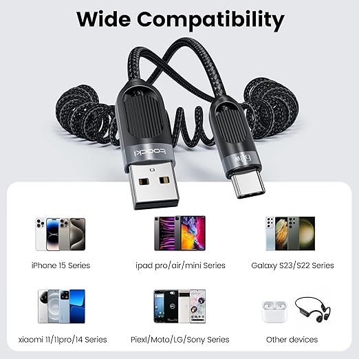 Coiled USB A to USB C 2Pack 3FT Braided Retractable Fast Charging Cable for Car, Compatible with iPhone 16/15 Pro Max/Galaxy S24/S23/S22, Supports Car Play & Android Auto-Black
