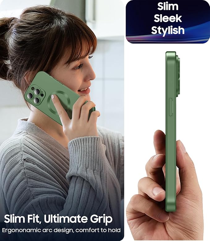 Magnetic for iPhone 15 Pro Case [Compatible with MagSafe][Built-in Camera Lens Protector] Slim Soft Silicone Bumper Shockproof Metallic Shine Phone Case (Green)
