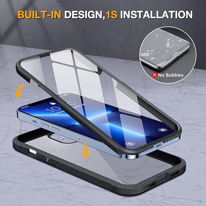 Miracase Glass Case for iPhone 13 Pro Max 6.7 inch, Upgrade Full-Body Clear Phone Bumper Case Cover with Built-in 9H Tempered Glass Screen Protector, Black