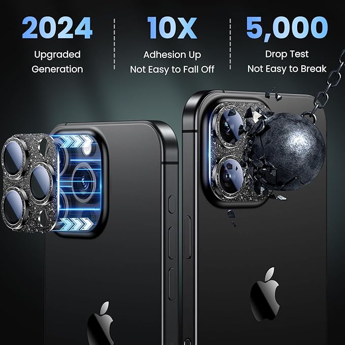 Uyiton Compatible with iPhone 16 Pro/iPhone 16 Pro Max Camera Lens Protector - [Not Easy to Break][Strong Adsorption][Case-Friendly] Metal Tempered Glass Rear Camera Screen Cover - Glitter Black