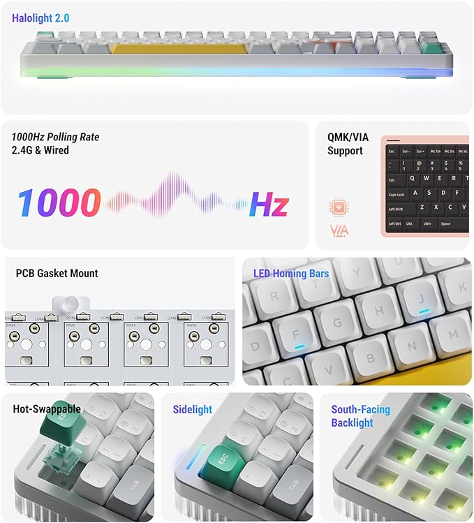 nuphy Halo96 V2 Wireless Mechanical Keyboard, 96% Hot Swappable, 99 Keys RGB Backlit, Bluetooth/USB-C/2.4GHz, Mint Switches (37gf), Black