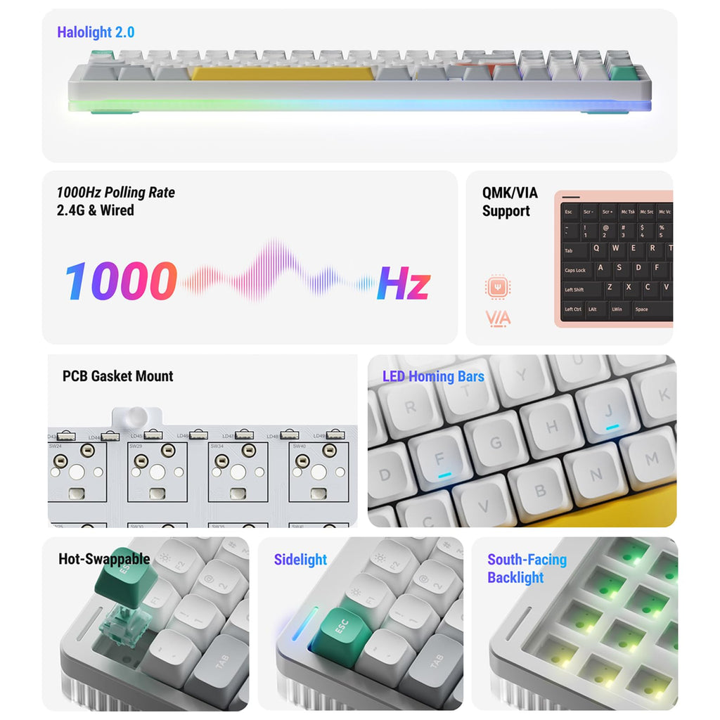 nuphy Halo96 V2 Wireless Mechanical Keyboard, 96% Hot Swappable, 99 Keys RGB Backlit, Bluetooth/USB-C/2.4GHz, Mint Switches (37gf), Black