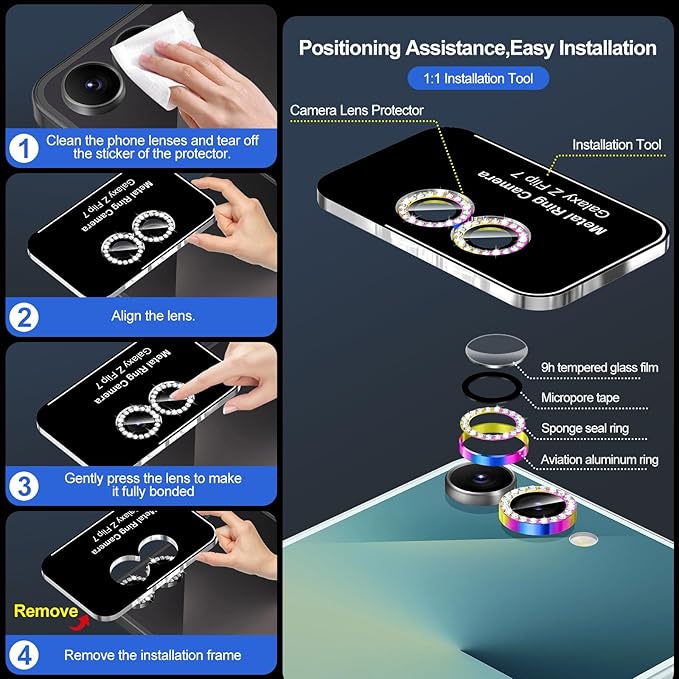 for Samsung Galaxy Z Flip 7 Camera Lens Protector, Individual Metal Ring Tempered Glass Lens Cover, [Strong Adsorption] Scratch Resistant Ultra-Thin HD Clear Lens Cover, 1 Set-Colorful Diamond