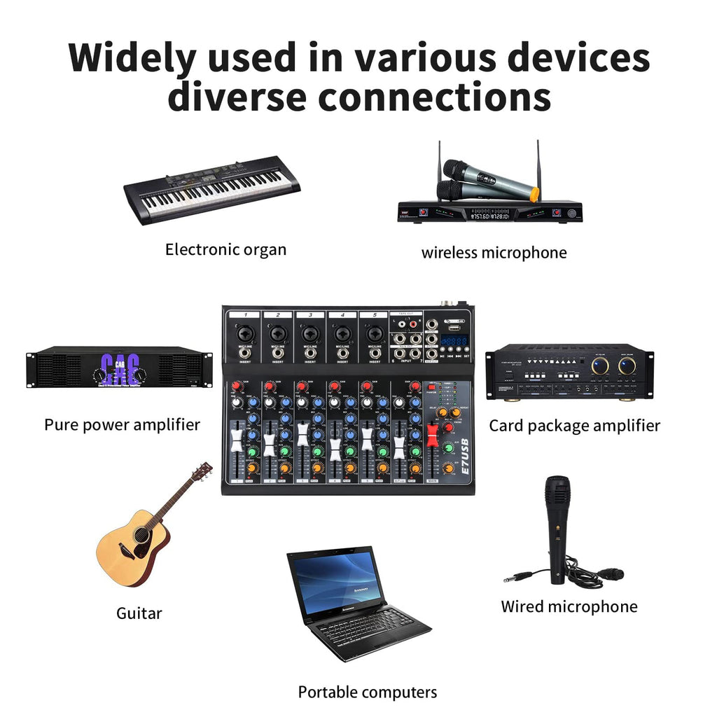 Dj Mixers 7 Channel Audio Mixer Sound Board with Bluetooth, Usb Audio Interface with 48V Phantom Power Sounds Mixer Board with FX Reverb Delay Effect for Streaming