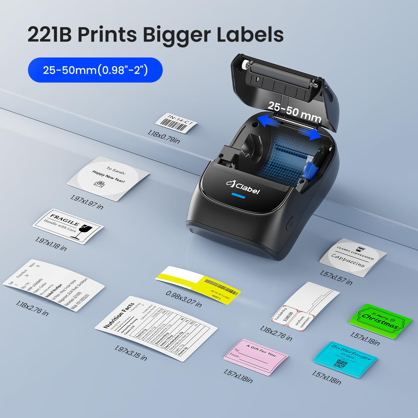 CLABEL Label Maker Machine with Tape, 221B Thermal Bluetooth Label Printer 2 Inch Portable Barcode Inkless Sticker for Small Business, Retail Office,Office, Home, Came with 1 Roll Label (Black)