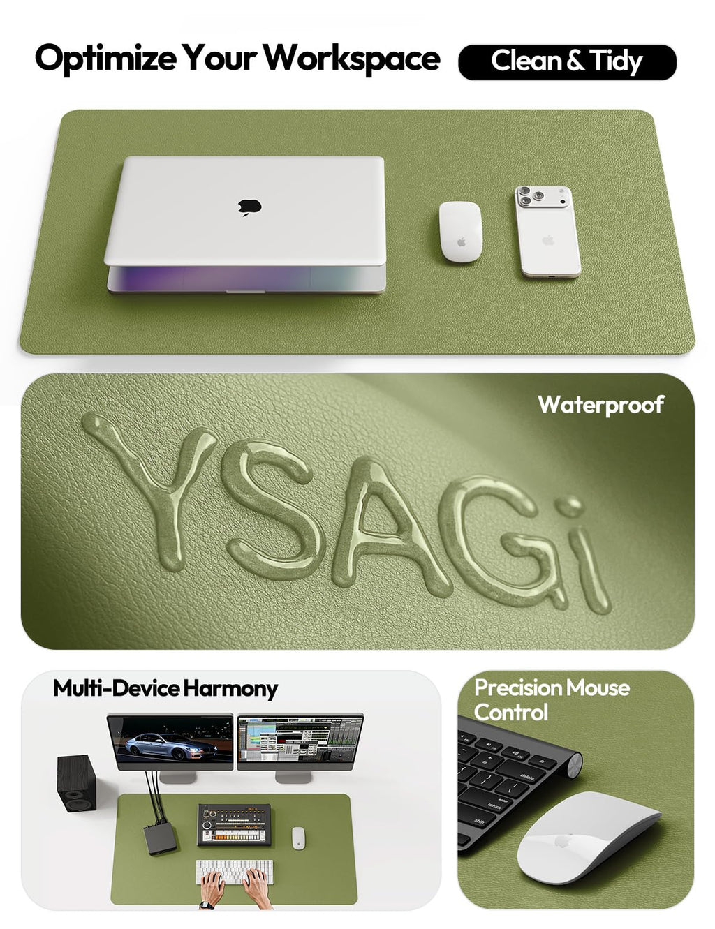 YSAGi Leather Desk Protector, Office Mat, Large Mouse Mat, Non-Slip PU Leather Blotter, Laptop Desk, Waterproof Writing Pad for Office and Home (Green, 47.2" x 23.6")
