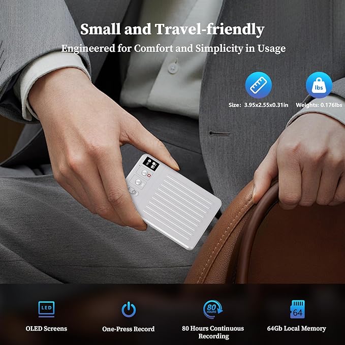 AI Voice Recorder - Voice Recorder w/No Fee for Transcribe & AI Summarize by ChatGPT, APP & Web Control, 121 Languages, 64GB Memory, Wireless Charging,Digital Voice Recorder for Meetings/Calls Silver