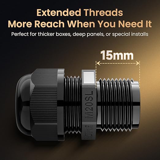 QILIPSU 50pcs M20SL Long Thread Cable Gland Waterproof IP68 Nylon Strain Relief Cord Grip Cable Pass Through Wire Connector