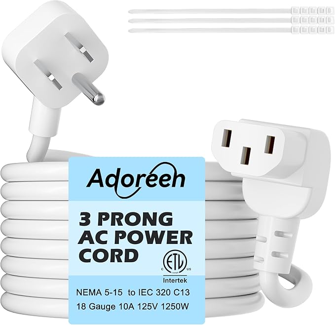 Adoreen 4 Ft Computer TV Replacement Power Cord White, Low Profile Flat Plug to 90 Degree Angled L-Shaped 18AWG 3-Prong AC Universal Power Supply Cable for Printer, PC, Monitor TV LCD, ETL+Ties
