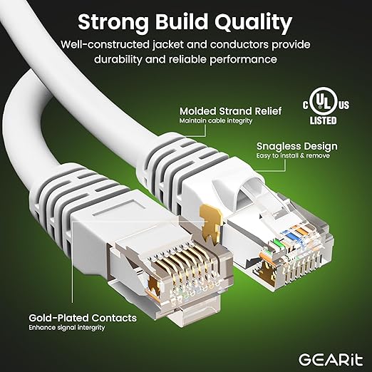 GEARit Cat 6 Ethernet Cable (10-Pack 3 Feet) Cat6 Network Patch, 10Gbps, RJ45, Snagless Cord, Gold-Plated Connectors, Internet for PC, TV, Tablet, Router, Printer, Servers, IT Data Center - White