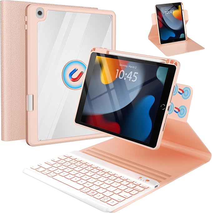 Keyboard Case for iPad 9th/8th/7th Generation-10.2 inch 2021/2020/2019, iPad Pro 10.5-inch, iPad Air 3 Gen Case with Backlit Keyboard, 360° Rotatable Detachable Folio with Pencil Holder (Pink)