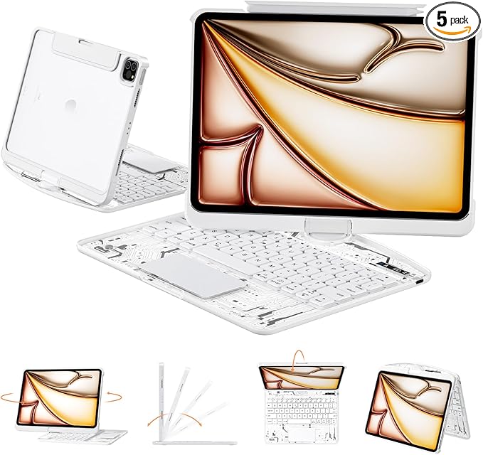 Transparent Case with Keyboard for 2024 iPad Pro 11-inch (M4),with 7-Color Backlit Wireless Keyboard, 360°Rotatable Protective Case Multi-Touch Trackpad,with Pencil Holder,with Shortcuts,White