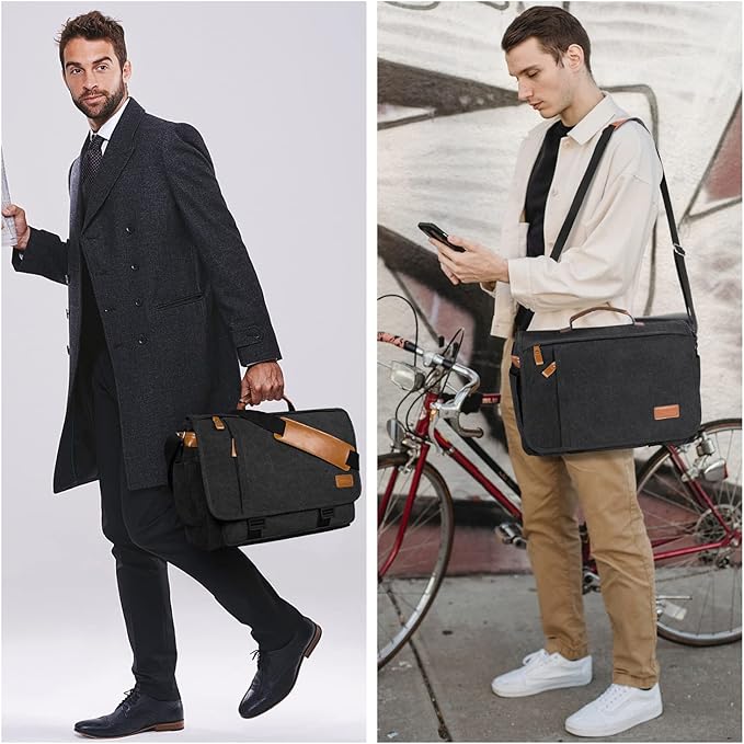 ESTARER Messenger Bag 17-17.3 Inch, Men's Computer Bag Water-resistant Canvas, Teacher Laptop Satchel for Work Office College, Dark Grey
