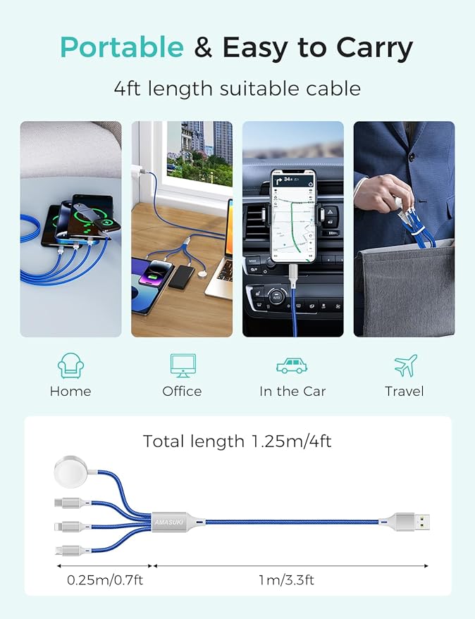 Travel Essentials Multi Charging Cable for Watch Charger 4 in 1 Fast Charger Camping Essentials USB C/L/Micro Compatible with Watch Series 10-1/SE/Ultra Phone 16 15/Galaxy Android-4FT/Blue