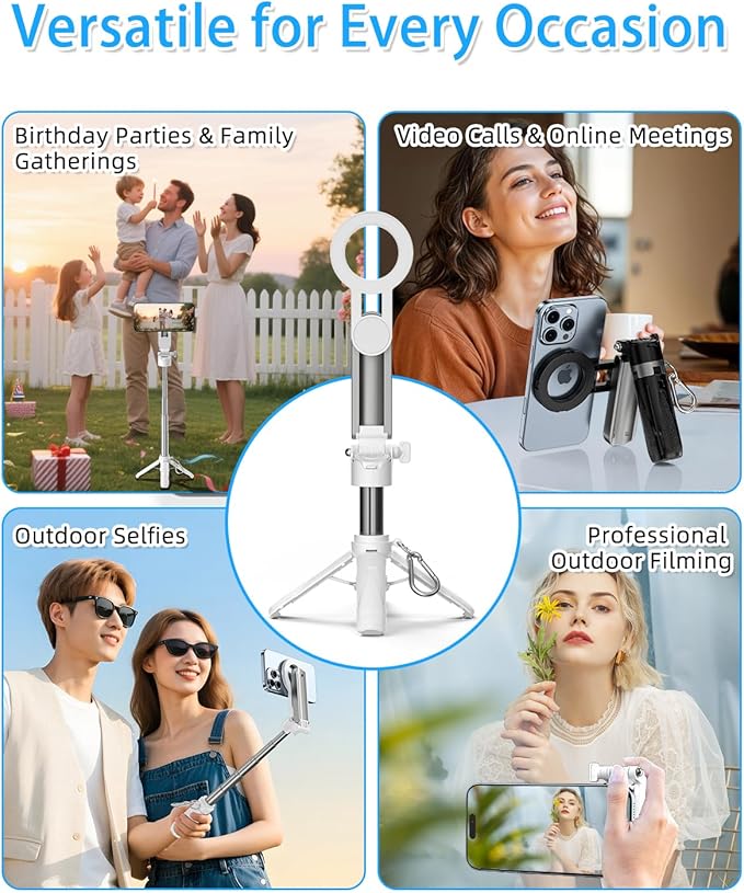 CloudValley Magnetic 4-in-1 Multifunctional Selfie Stick Tripod, Mini Portable Pocket Phone Stand with Detachable Remote, Compatible with MagSafe, for iPhone/Android, Travel Vlog, Live Stream, White