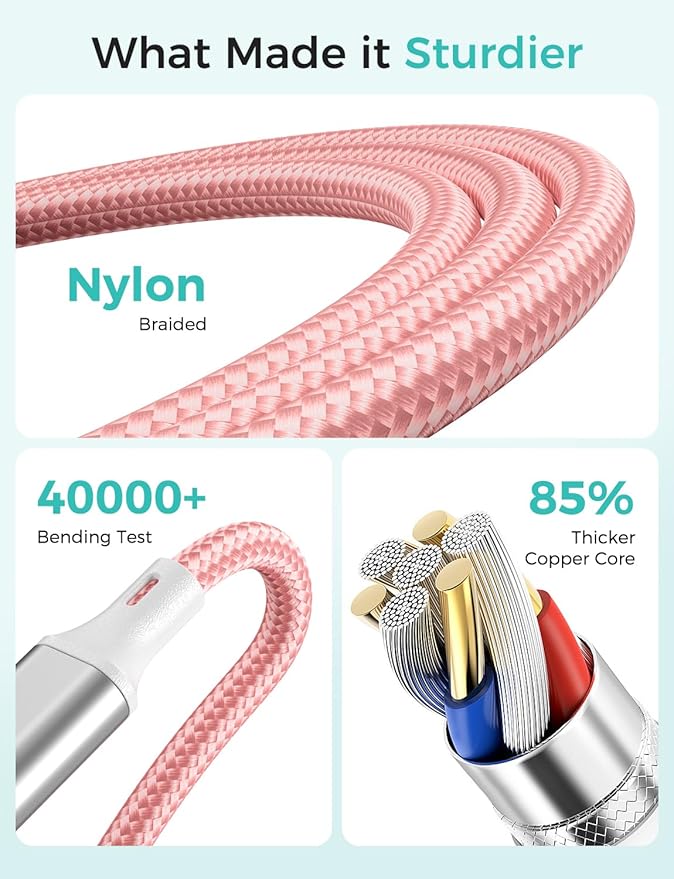 2Pack Travel Essentials Multi Charging Cable for Watch Charger 4 in 1 Fast Charger Camping Essentials USB C/L/Micro Compatible with Watch Series 10-1/SE/Ultra Phone 16 15/Galaxy Android-4FT/Pink
