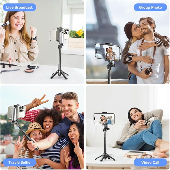 Retractable Mini Tripod for Cell Phone, Portable Selfie Stick Travel Phone Tripod with Remote Control Cell Phone Holder, Sturdy & Stable Adjustable Multi-Angle Shot Selfie Stick for Video Recording