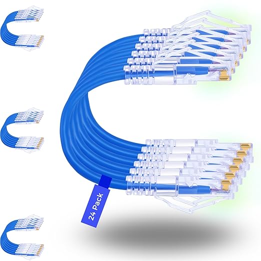 Rapink Patch Cables Cat6/ Cat6a 1ft (24 Pack) Slim, Cat6a Ethernet Patch Cable 10G Support, Snagless Cat 6 Patch Cable for Patch Panel to Switch, Flexiable Cat6 Ethernet Cable Blue
