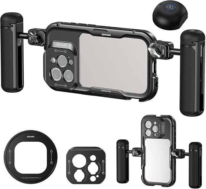 NEEWER 16 Pro Cage with Two Quick Release Side Handles, Phone Video Rig Kit with 67mm Filter Adapter, 17mm Lens Mount, T Mount Lens Adapter Compatible with iPhone 16 Pro (PA073+PA045E+PA045B)
