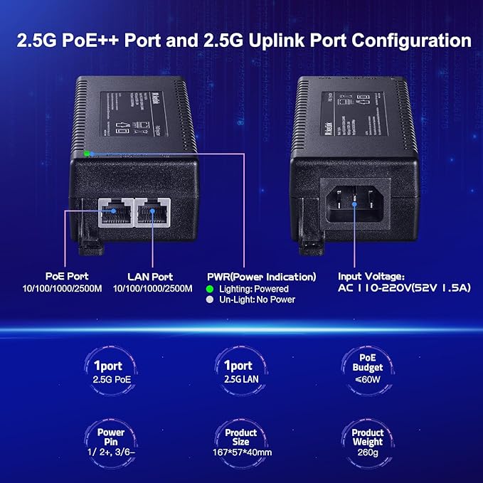 MokerLink 2.5 Gigabit PoE Injector, 802.3af/at/bt 60W, 2.5G/1G/100M Ethernet, Plug & Play, Non-PoE to PoE Adapter, Distance Up to 100 Meters (328 ft.)