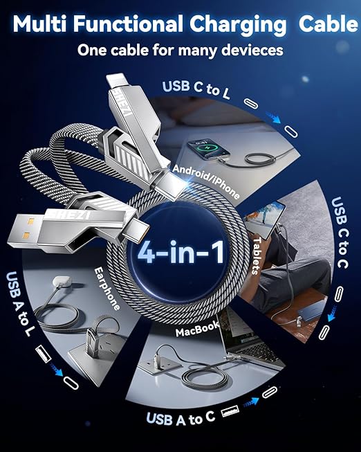 [One is Enough] 4-in-1 Compatible with USB C to Lightning Cable, 60W High-Speed Charging & Fast Data Transfer,CarPlay & Android Auto Support Multi Charger Cord Combo for iPhone/Samsung/iPad,10FT