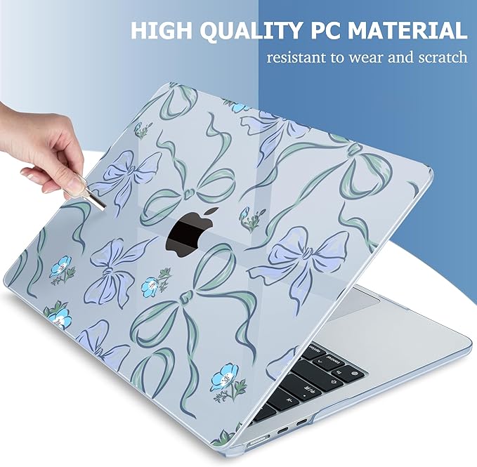 Mektron for 2025 MacBook Air 15 inch M4 Case A3241/ 2024 M3 A3114/ 2023 A2941 M2 Hard Printed Case with 15.3 Liquid Retina Display Touch ID, Plastic Hard Cover & Keyboard Skin- Bows C355-Blue