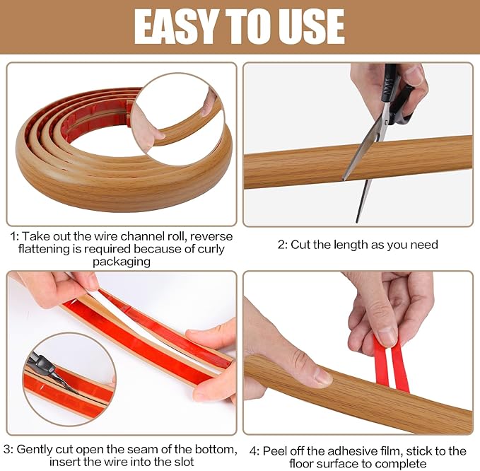 Floor Cord Cover Self Adhesive Cord Hider,20FT Cable Management, Extension Strip Protector for Wires, Prevent Cable Trips for Offices, Gyms, Exhibitions Cavity:0.51"(W) x 0.3"(H) Brown Wood