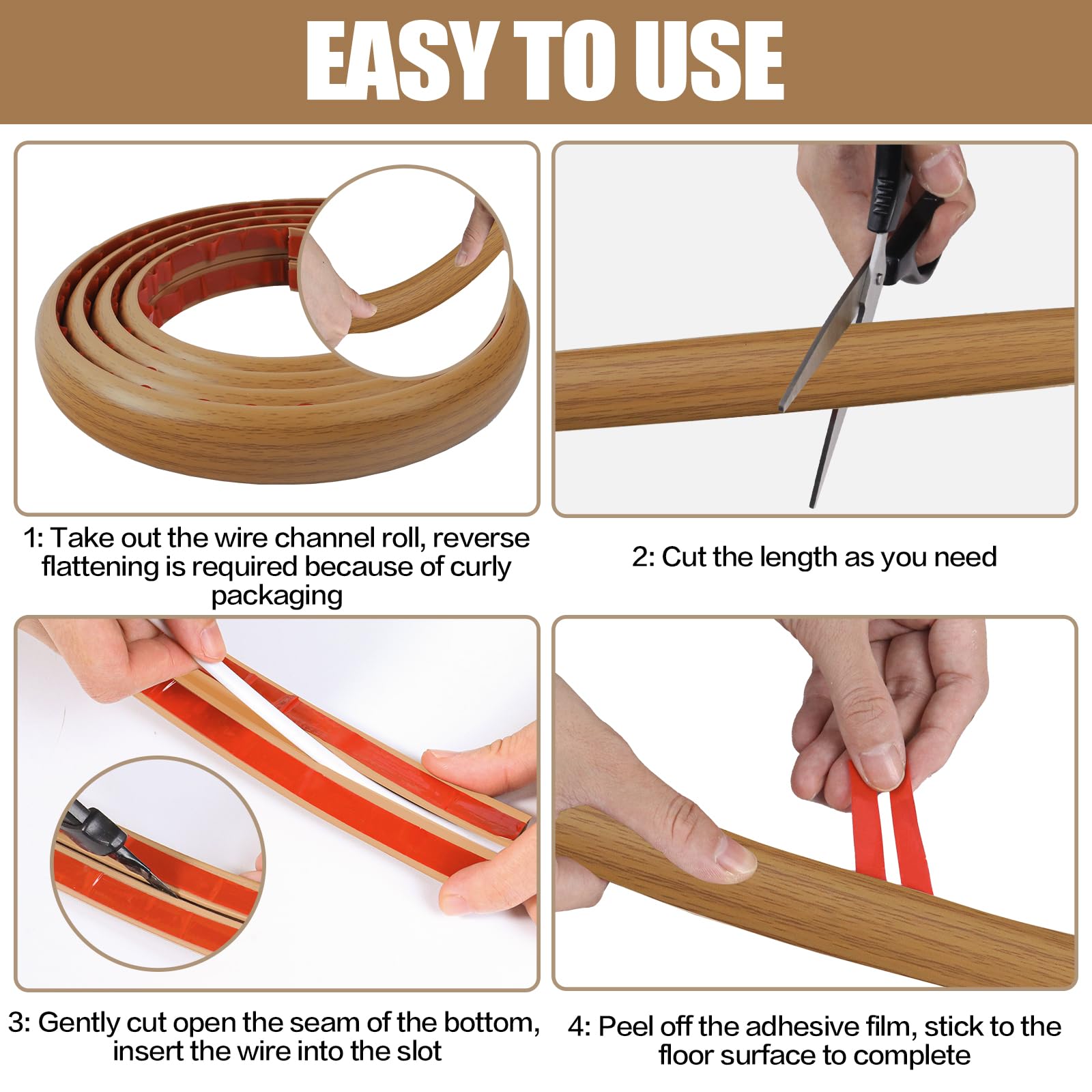 Floor Cord Cover Self Adhesive Cord Hider,10FT Cable Management, Extension Strip Protector for Wires, Prevent Cable Trips for Offices, Gyms, Exhibitions Cavity:0.3"(W) x 0.28"(H) Brown Wood