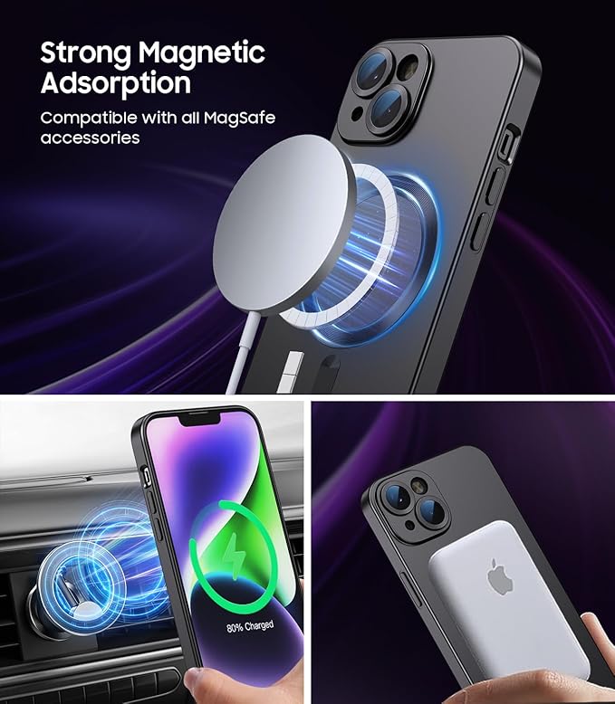 Magnetic for iPhone 14 Case [Compatible with MagSafe][Built-in Camera Lens Protector] Slim Soft Silicone Bumper Shockproof Metallic Luster Phone Case (Black)
