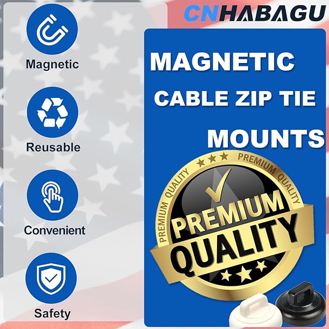 Magnetic Cable Clips Multipurpose Zip Ties Mount Base Holder Black Wire Cable Holder Management for Home Office Marine Electrical Wiring (Black, 5 Piece)