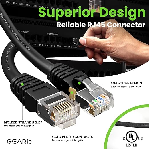 GearIT Cat 6 Ethernet Cable Pack - 10-Pack 20 ft Cat6 Ethernet Patch Cables | RJ45 Network Patch Cable, 10 Gbps Snagless Gold-Plated Connectors - Ethernet Cable Cat 6 for PC, TV, Router - Black