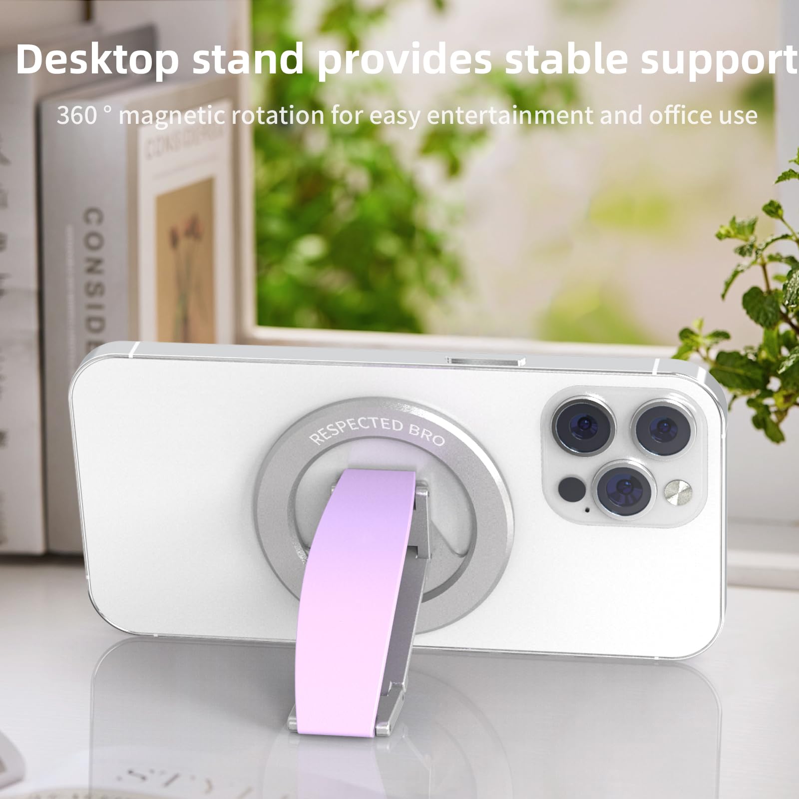 RESPECTED-BRO-Magnetic-Phone-Grip-Stand, Magnetic Phone Ring Holder Kickstand with Silicone Finger Strap, Compatibility for iPhone 17/16/15/14/13/12, Android, and More (Purple)