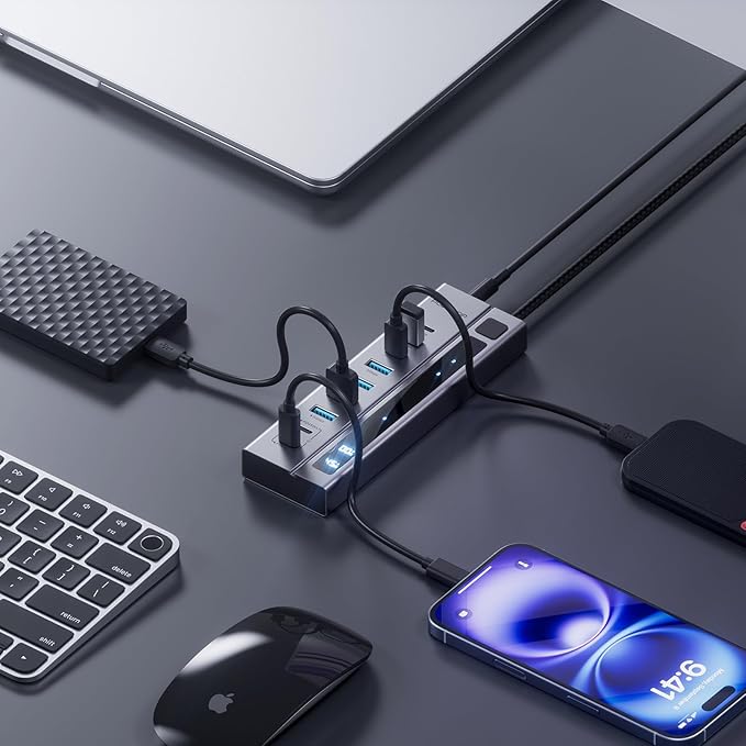 Powered USB C Hub, PULWTOP 11-in-1 Power Hub with SD/TF, 2*USB-C 10Gbps, 4*USB-A 5/10Gbps and 2 * 24/45W Type-C PD Charging Ports (Not Support Video), USB Powered Hub 72W DC Adapter Included