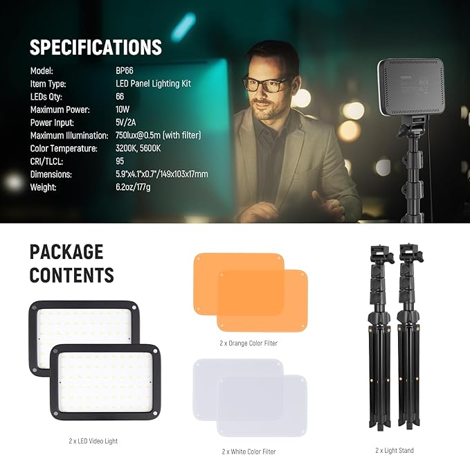 NEEWER Basics 2 Pack LED Video Light Panel Lighting Kit, Bi Color Dimmable Portable Studio Lights with Stands & Filters, 3200K-5600K 750lux CRI95 for Video Recording Live Streaming Photography, BP66