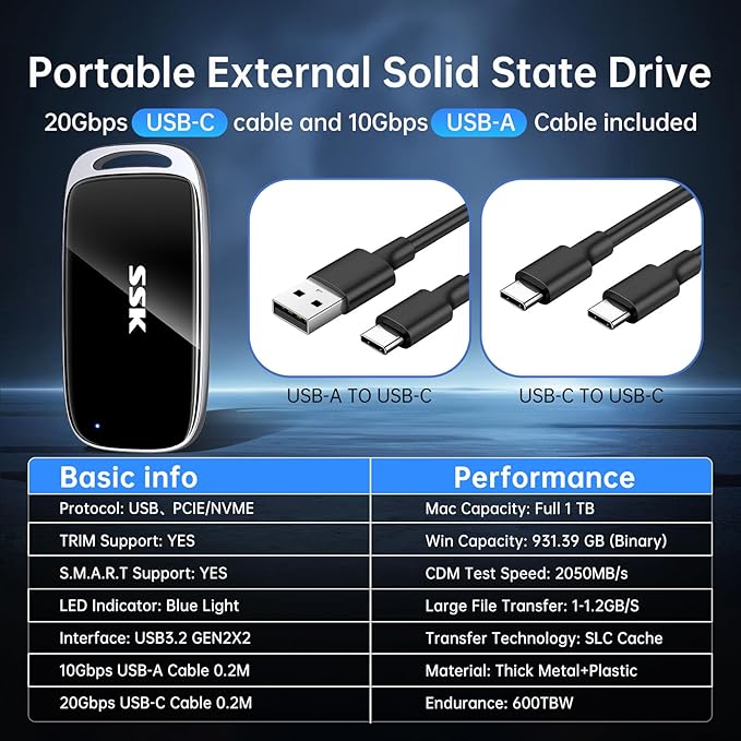SSK 1TB SSD External Hard Drive, Portable SSD Drive up to 2000 MB/s, USB 3.2 Gen2X2 External Solid State Drives for iPhone 15/16 PRO、Mac、Phone OTG、Laptops with LED Indicator