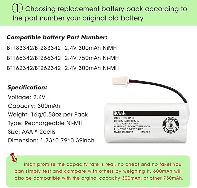 iMah BT162342/BT262342 Cordless Phone Batteries Compatible with VTech CS6409 CS6419 CS6429 CS80100 AT&T CL81101 EL5210 EL52400 Handset Telephone (Pack of 3)