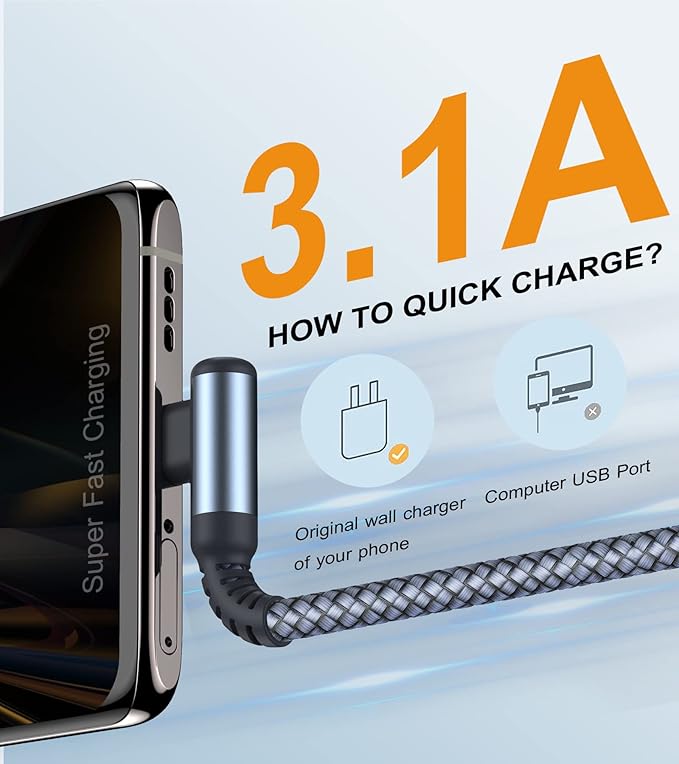 USB C Cable Right Angle [2-Pack, 1.5FT+1.5FT], USB Type C iPhone 16 Charger Cable Nylon Braided Cord for iPhone 15 16 Pro Max Plus Samsung Galaxy S25 S24 S23 S22 S21 S10 S9 S8 Note 20 10 9 8,Moto,PS5