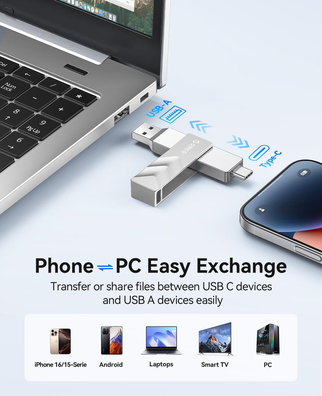 ORICO 1TB Portable Solid State Drive, 1050MB/s Dual-Port Rotating Metal External SSD with 90° Click-Stop, Reliable Storage for iPhone 17, 16 Series, Type-C Smartphone, Mac, Audio, Vehicle - A101