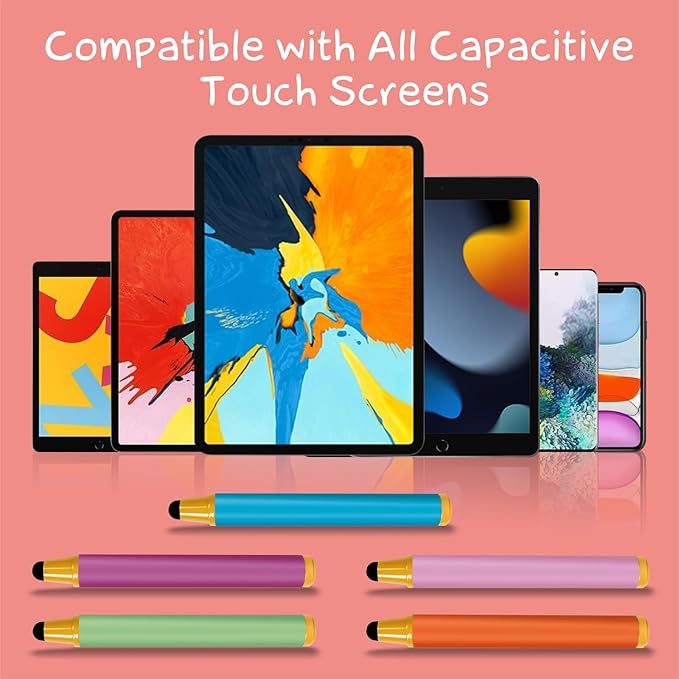 Kid-Friendly Stylus Pens for Touch Screens, Crayon Stylus Pen for iPhone Ipad Air Mini Pro, Fire HD Kids Tablet, Android Tablet, Dragon Touch - Blue Pink Green Purple Red (5 Pack)
