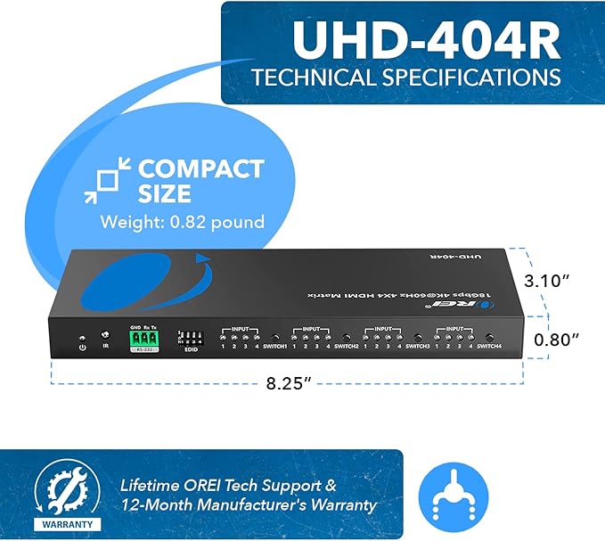 OREI 4x4 HDMI Matrix Switch 4K Downscale, ARC, Audio Extraction, HDCP 2.2