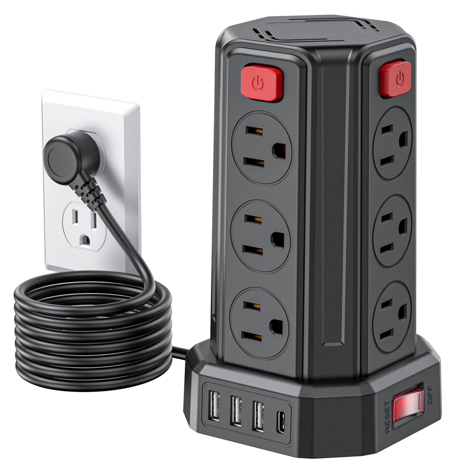 Power Strip 6.5 Ft Extension Cord with 12 AC Multiple Outlets 4 USB (1 USB C), SMALLRT Power Strip Tower Desktop Charging Station for Home Office College Dorm Essentials