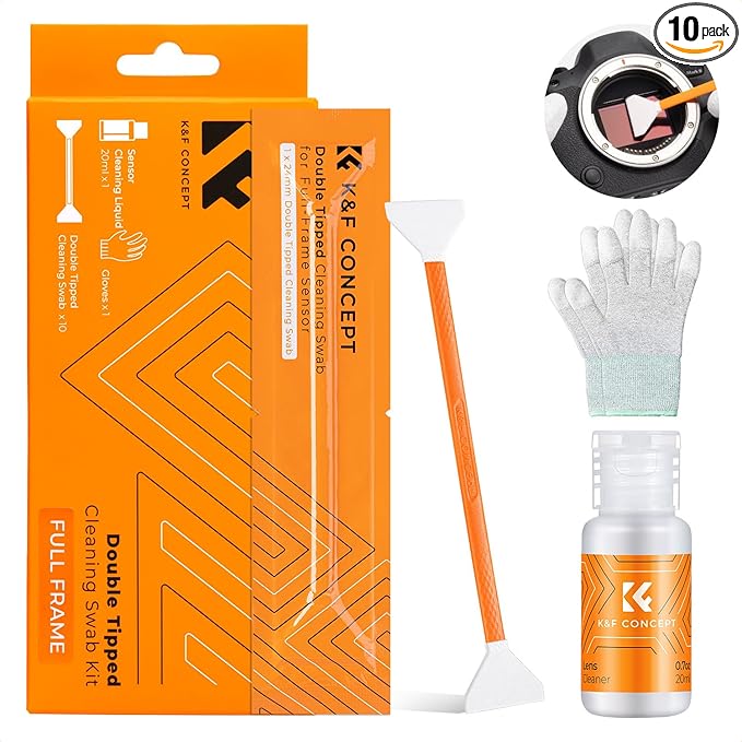 K&F Concept Full Frame Sensor Cleaning Kit, Mirrorless Camera Cleaner Kit - 20ml Sensor Cleaner, 10 X 24mm Double-Tipped Full Frame Sensor Cleaning Swabs & Gloves