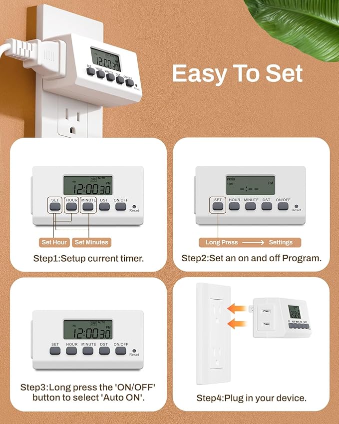 BN-LINK Digital Timer Outlet Indoor,24 Hour Light Timer Easy Programmable,Mini 2 Prong Plug in Timers for Electrical Outlets,Lamps,Fans,2 On/Off Programs,2 Pack,15A/1875W