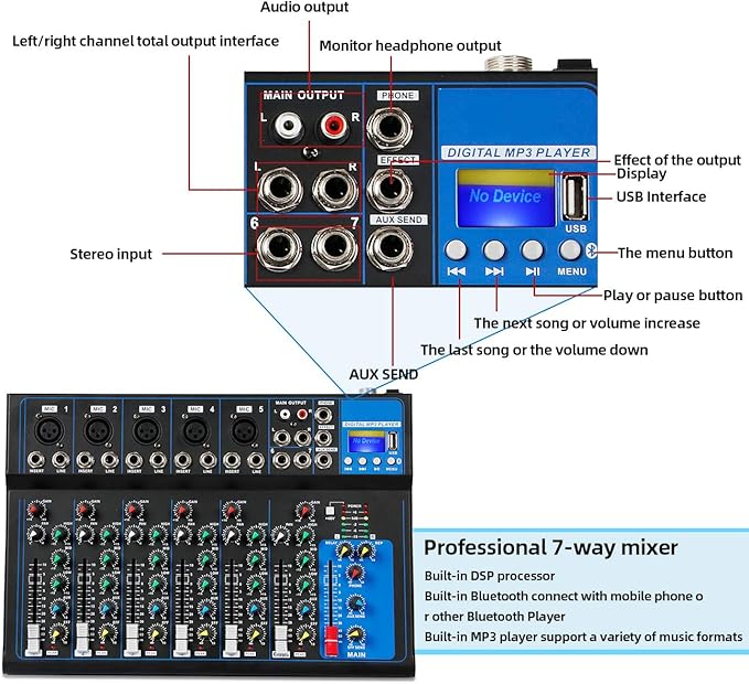 Depusheng HT7 Bluetooth Portable Audio Mixer w/USB DJ Sound Mixing Console MP3 Jack 48V Power for Computer Recording, 7-Channel Bands Mixing Boards For Studio Recording