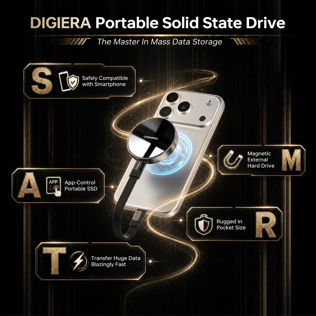 DIGIERA 1TB Magnetic Portable SSD, External Solid State Drives with USB-C 3.2 Gen 2x2, Speed Up to 2000MB/s, Compact & Durable, Compatible with iPhone 15/16/17 Series and Other USB-C Devices, Black
