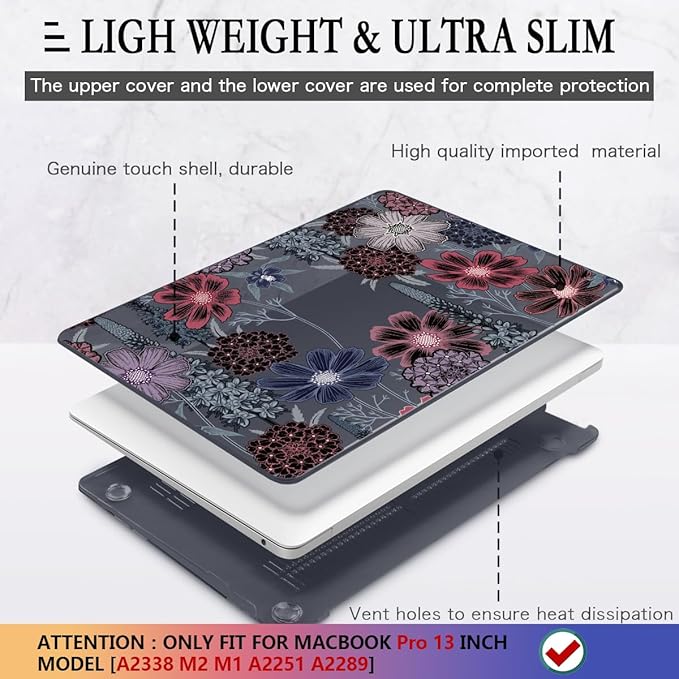 CISSOOK Compatible with MacBook Pro 13 inch Case 2025-2020 A2338 M2 M1 A2251 A2289 with Touch bar, Plastic Hard Shell Case&Keyboard Cover&Screen Protector&Webcam Cover, Texture Flowers