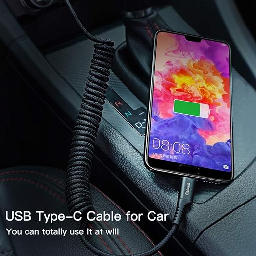Baseus USB Type C Cable for Car, Retractable Cable(3FT) Curly USB A to USB-C Fast Charger Cord Compatible Samsung Galaxy S10 S9 S8 Plus Note 9 8, Moto Z, LG5/G6/V20, USB C Devices (Black)