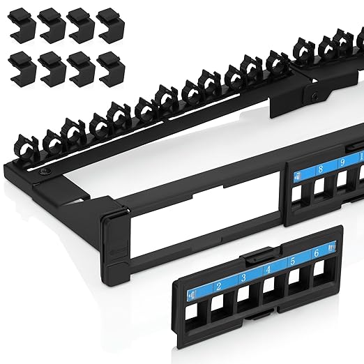 Everest 24 Port Keystone Patch Panel (2-Pack) - Removable 6-Port Panels - Use with Slim Profile Keystones ONLY (Wider Jacks May not fit Side by Side) - with Adjustable Rear Cable Management Bar
