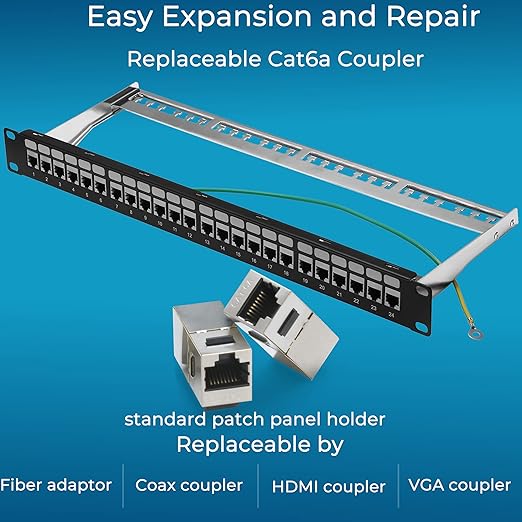 Rapink Patch Panel 24 Port Cat6A with Inline Keystone 10G Support, Coupler Patch Panel STP Shielded 19-Inch with Removable Back Bar, 1U Network Panel for Cat7, Cat6, Cat6A, Cat5e