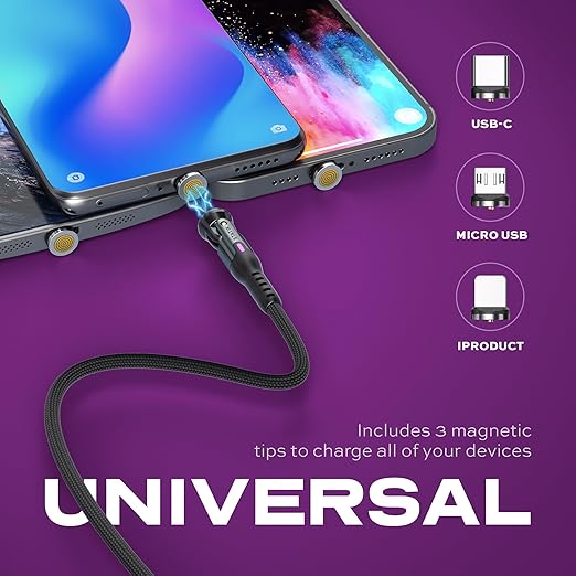Statik 360 Pro Magnetic Charging Cable - Type C Charger Fast Charging 3 in 1 USB C to USB C Cable, Micro USB & iProduct Tips, USB A Adapter, Fits All Devices - 100W Fast Charger, Black 6FT/2M, 3 Pack
